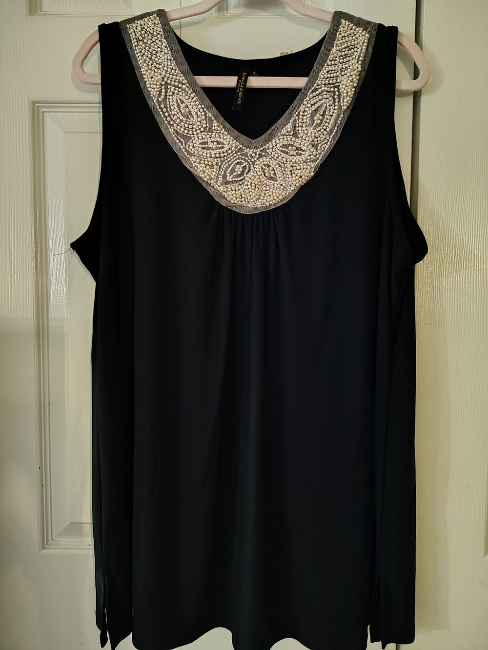 Susan Lawrence Black Sleeveless Tunic with Beaded Ivory Collar